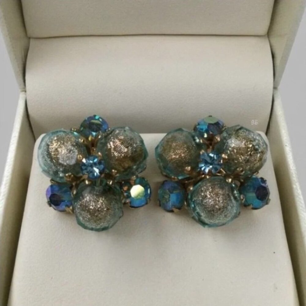 Reserved -Vintage Signed VOGUE Cluster Earrings Gold Tone, Blue & AB Rhinestones - Picture 11 of 12